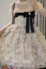 Multi-Color [Wonderland Travels] Multi-Layered Print Ruffle Bowknot Sweet Lolita Tiered Dress - Product - 14