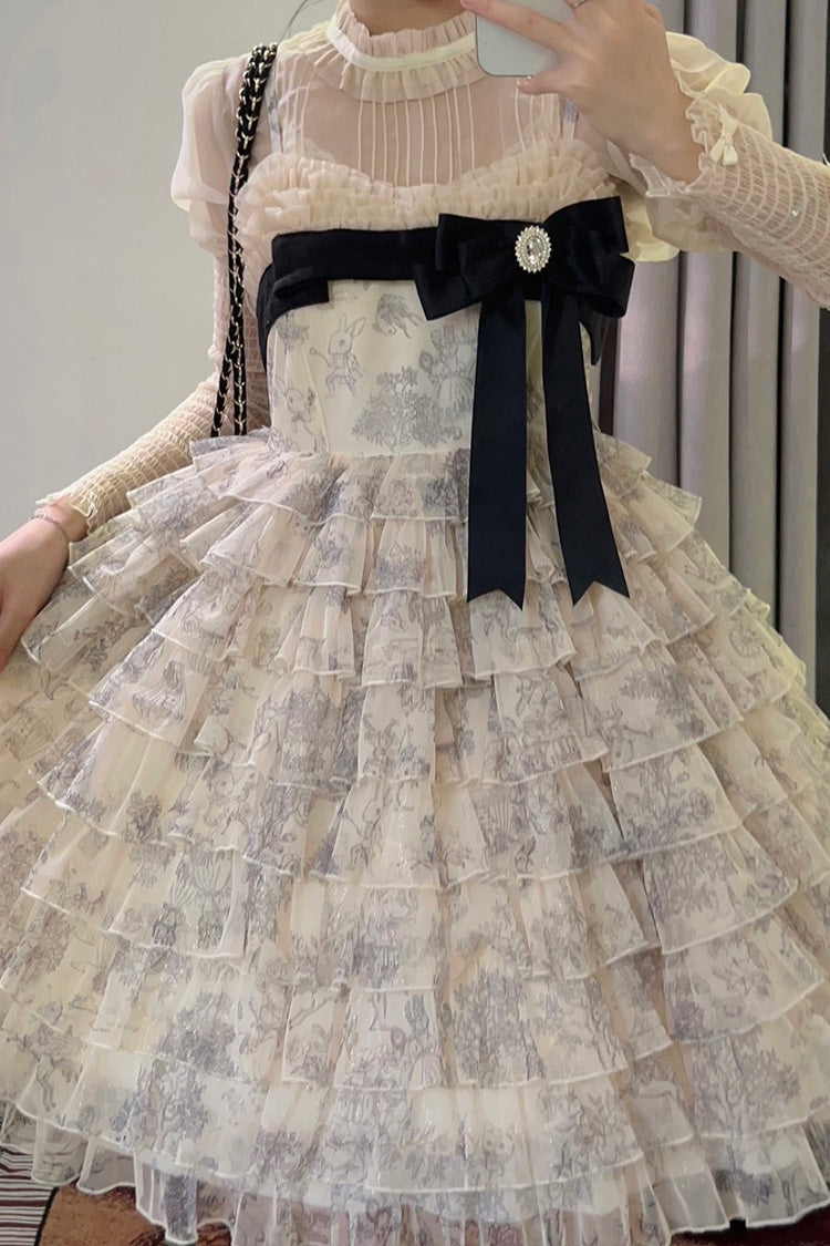 Multi-Color [Wonderland Travels] Multi-Layered Print Ruffle Bowknot Sweet Lolita Tiered Dress - Product - 14