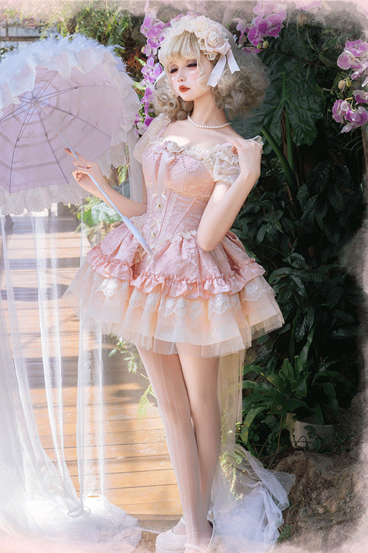 Pink Sleeveless Multi-Layered Ruffle Bowknot Lace Lace-Up Sweet Princess Lolita Jsk Dress - Product - 6