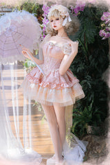 Pink Sleeveless Multi-Layered Ruffle Bowknot Lace Lace-Up Sweet Princess Lolita Jsk Dress - Product - 6