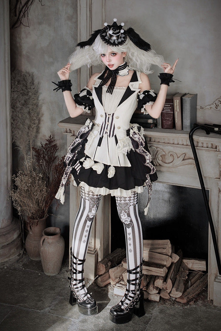 Black/White [Candy Cane] Sleeveless Printed Ruffled Bow Gothic Lolita Skirt Full Set - Product - 6