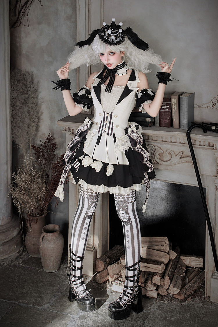 Black/White [Candy Cane] Sleeveless Printed Ruffled Bow Gothic Lolita Skirt Full Set - Product - 6
