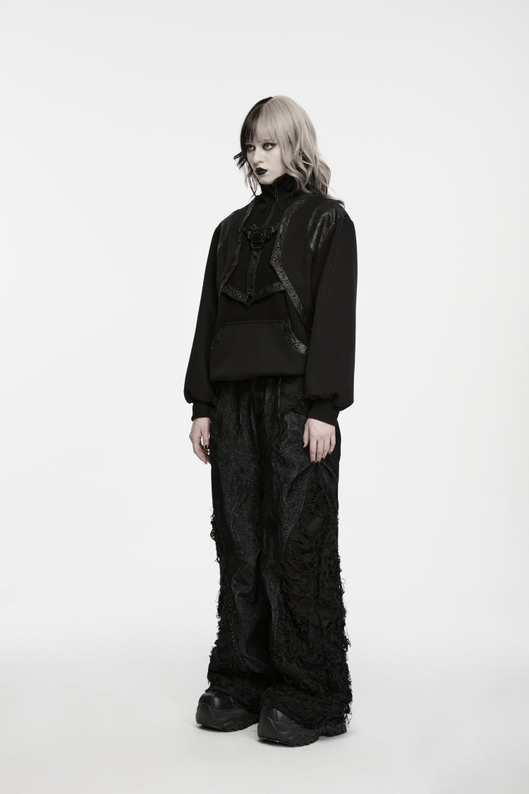 Black Stand Collar Long Sleeves Cut-Out Patchwork Eyelet Women's Punk Coat - Product - 3