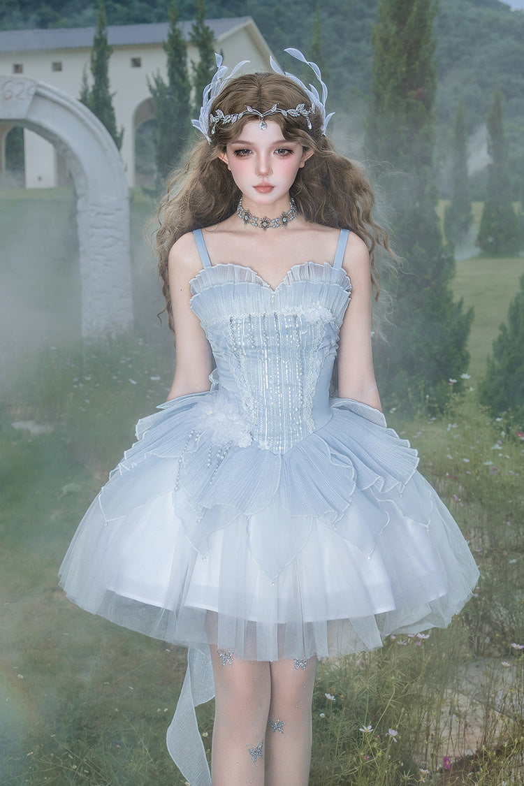 Blue [Spirit in the Mist] Square Collar Sleeveless Ruffled Pearl Detail Sweet Elegant Lolita Jsk Dress - Product - 5