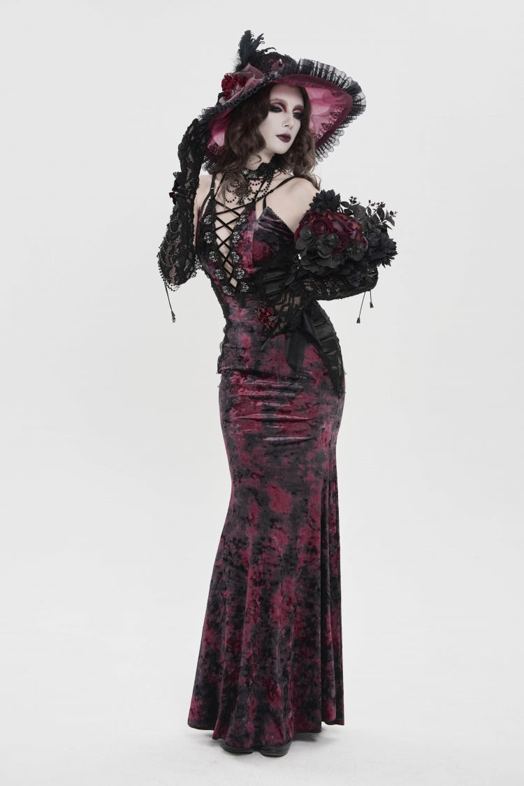 Black/Red Off Shoulder Halterneck Printed Hanayome Lace Lace-Up Slim Pleated Women's Gothic Jsk Dress - Product - 13