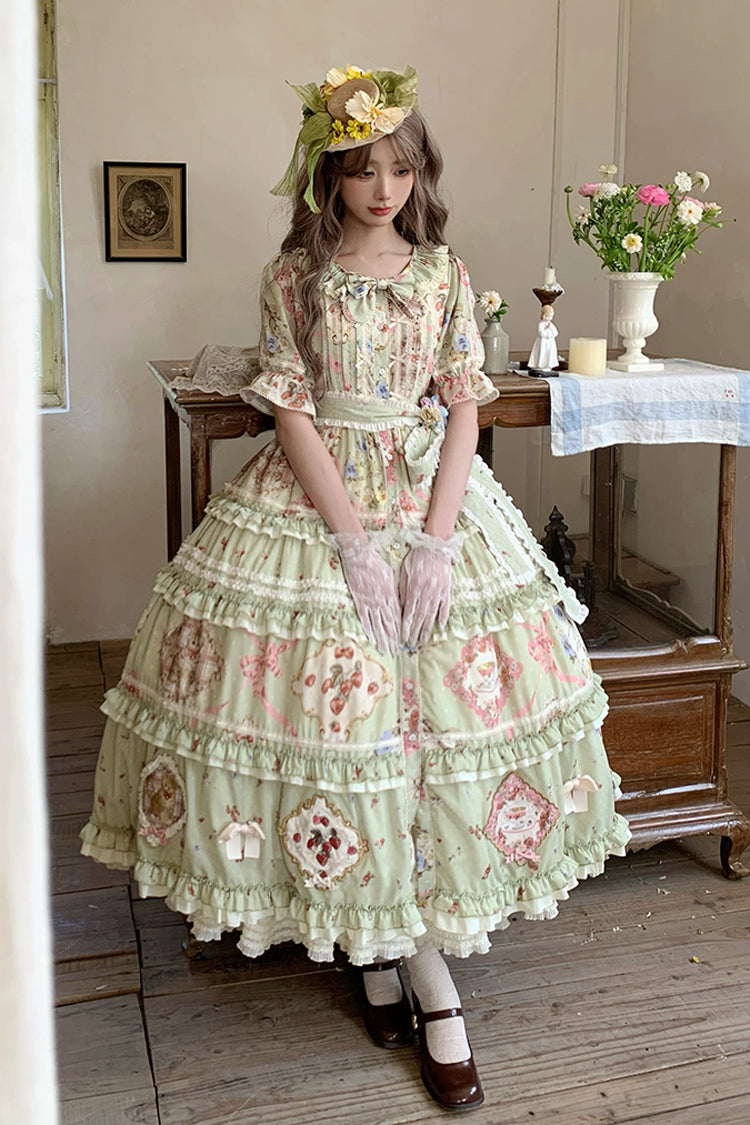 Green [Cat Rose Tea] Short Sleeves Print Ruffle Cardigan Bowknot Sweet Gorgeous Lolita Dress - Product - 9