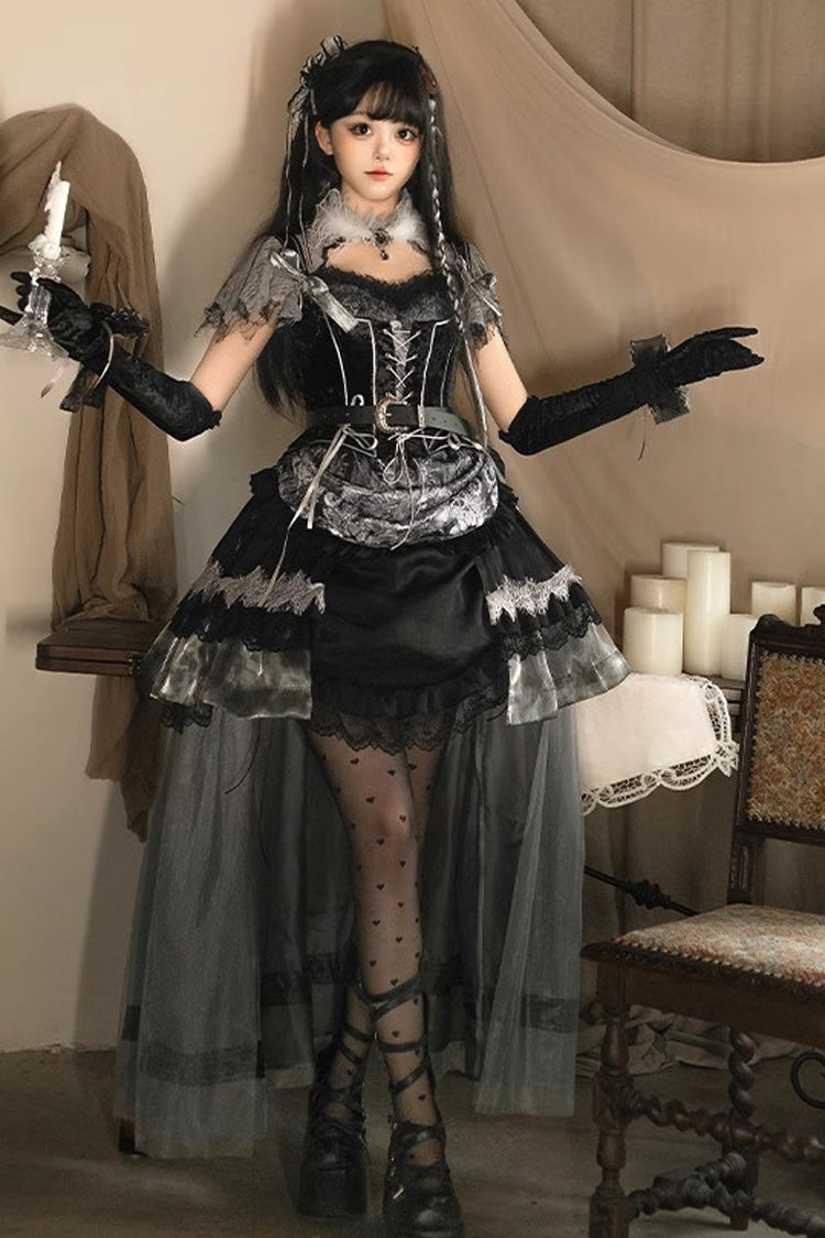 Black [Dark Night Rose] Short Sleeves Print Ruffle Bowknot Lace Asymmetric Gothic Lolita Dress - Product - 4