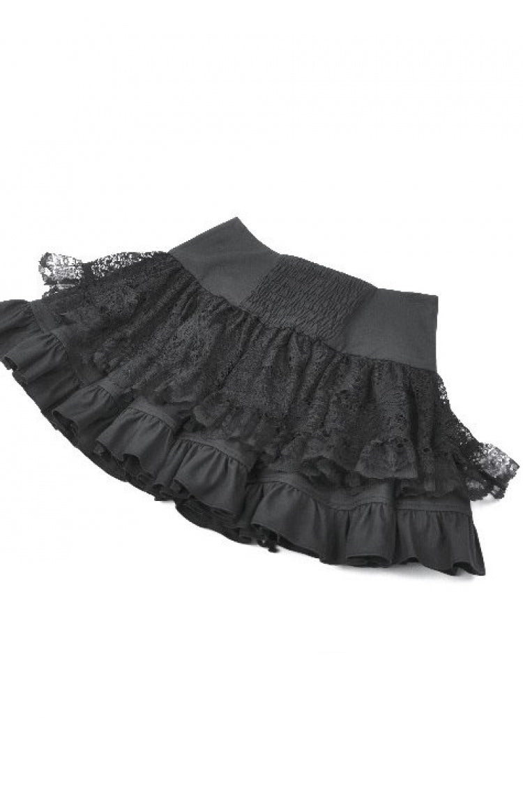Black High Waisted Multi-Layered Ruffled Lace Patchwork Pocket Women's Punk Mini Skirt - Product - 16