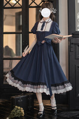 Blue [Phyllis] Lapel Collar Short Sleeves Printed Bow Classic Vintage Elegant Lolita Dress - Product - 5