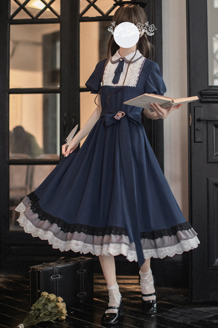 Blue [Phyllis] Lapel Collar Short Sleeves Printed Bow Classic Vintage Elegant Lolita Dress - Product - 5