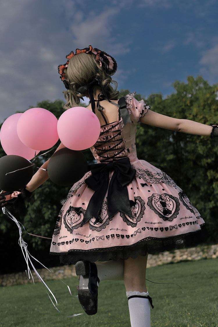 Pink [Sugar Bear] Square Collar Short Sleeves Embroidered Bow Sweet Lolita Dress (Bow Train Included) - Product - 7