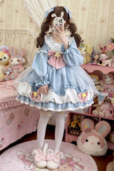 [Pray Star] Long Sleeves Double-Layered Ruffle Bowknot Stitching Lace Sweet Lolita Dress 5 Colors - Blue - 1
