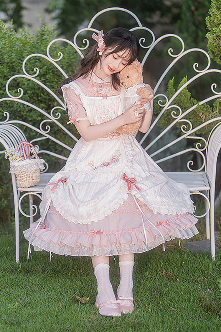 Pink Stand Collar Short Sleeves Ruffled Embroidered Lace Sweet Chinese Inspired Lolita Dress - Product - 9