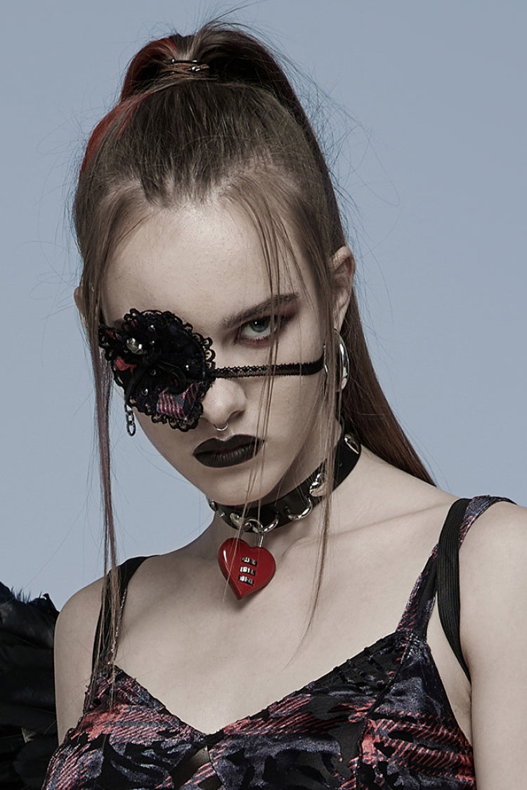 Black/Red Metal Skull Decoration Lace Heart Women's Gothic Eye Mask - Product - 3