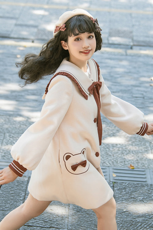 Beige Single Breasted Square Collar Long Sleeved Wool Sweet Lolita Coat - Product - 4