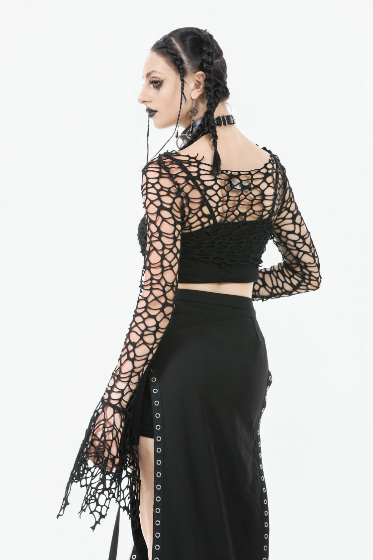 Black Women's Gothic Long Flared Sleeves Hollow-out Mesh Crop Top - Product - 11