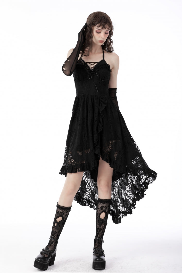 Black Off Shoulder Halterneck Ruffled Lace-Up Swallow Tail Floral Lace Women's Gothic Dress - Product - 6