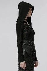 Black Hollow Stretch-Knit Stitching Detachable Hooded Stripe Buckles Womens Steampunk Jacket - Product - 2