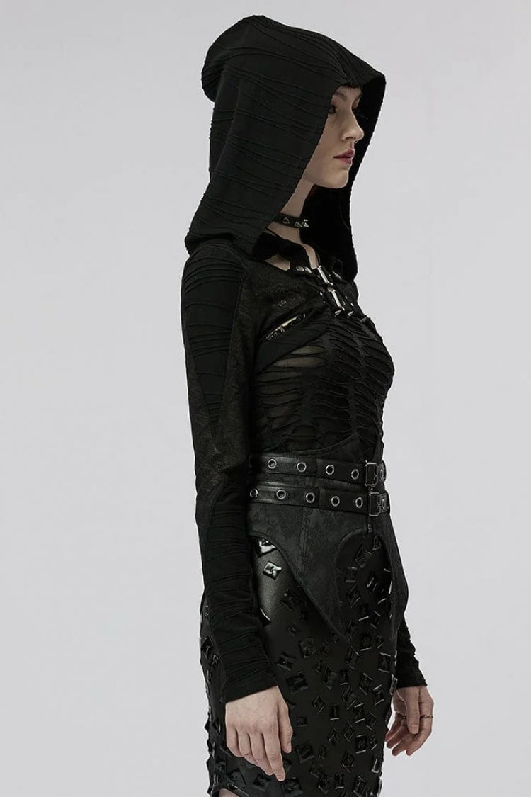 Black Hollow Stretch-Knit Stitching Detachable Hooded Stripe Buckles Womens Steampunk Jacket - Product - 2