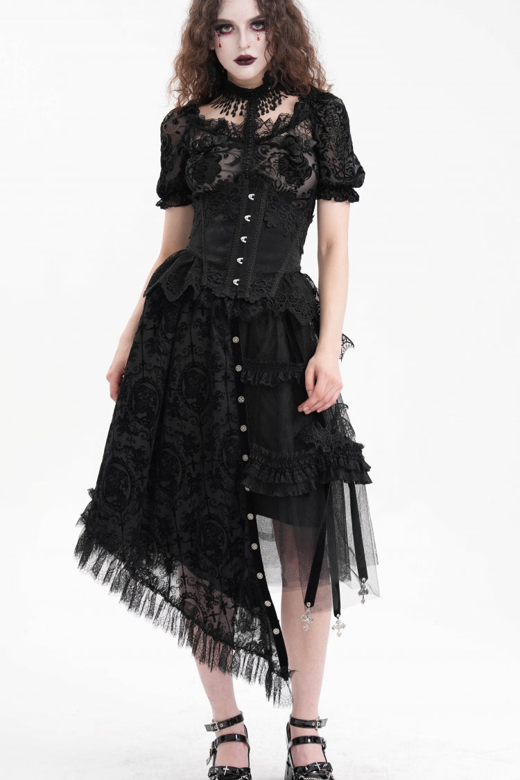 Black Jacquard Cut-Out Lace Asymmetric Pleated Women's Gothic Luxurious Skirt - Product - 3