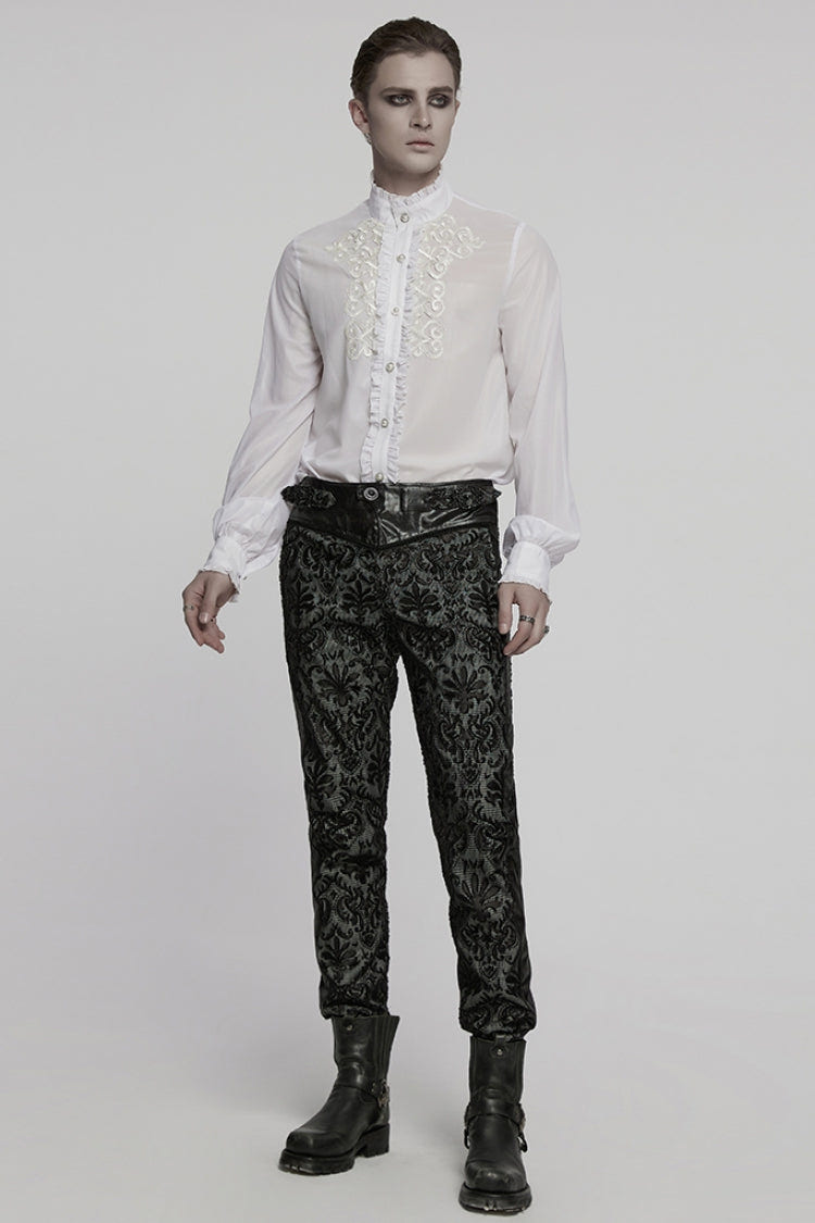 White Stand Collar Long Sleeves Ruffle Embroidery Men's Gothic Blouse - Product - 4