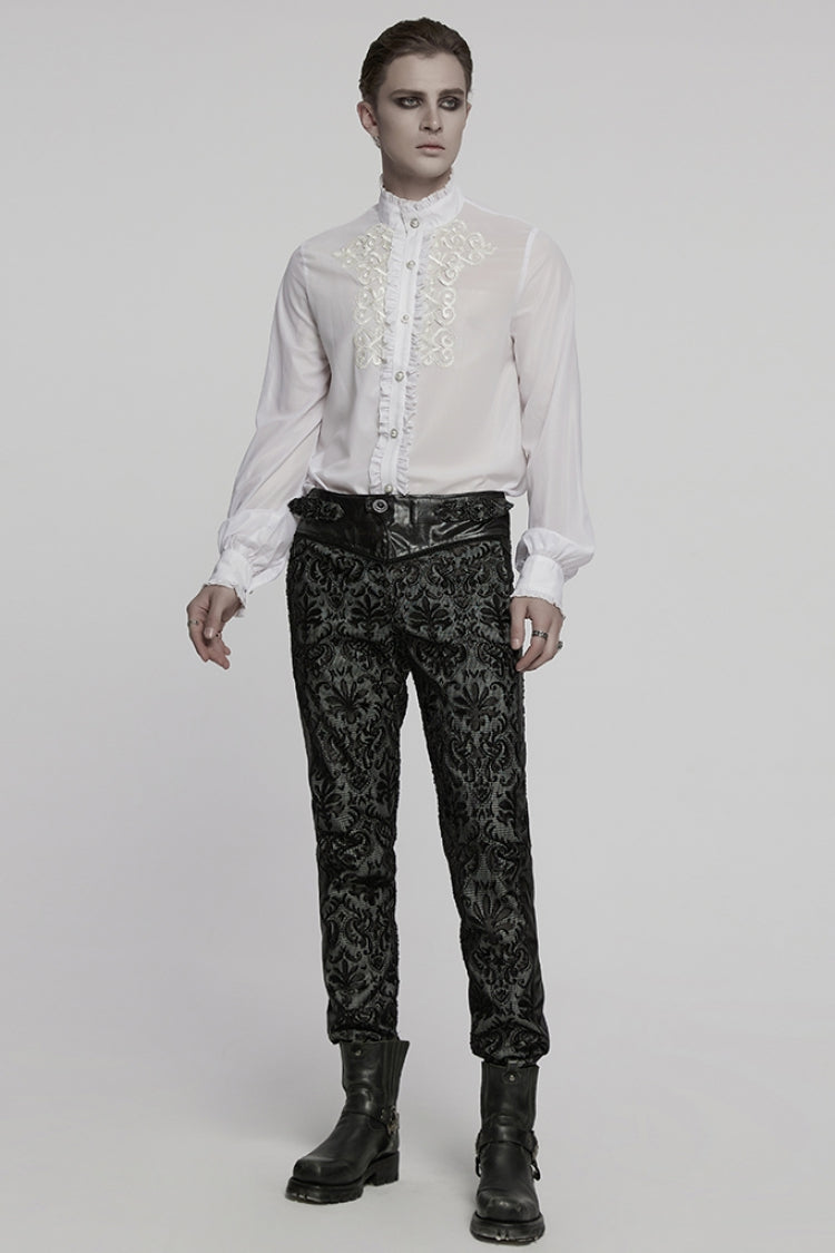White Stand Collar Long Sleeves Ruffle Embroidery Men's Gothic Blouse - Product - 4
