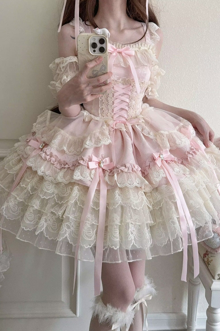 Pink [Ribbon Heart Love] Sleeveless Multi-Layered Ruffle Bowknot Lace Lace-Up Sweet Princess Ballet Lolita Jsk Dress - Product - 9