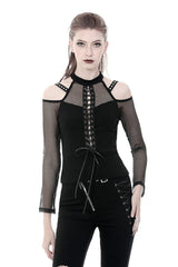 Black Off Shoulder Long Sleeves Lace-Up Mesh Women's Punk Top - Product - 11