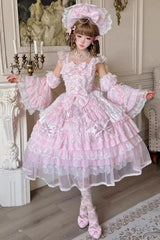 Pink [Prelude of Spring] Sleeveless Multi-Layered Ruffled Bow Lace Sweet Princess Lolita Jsk Dress - Product - 4