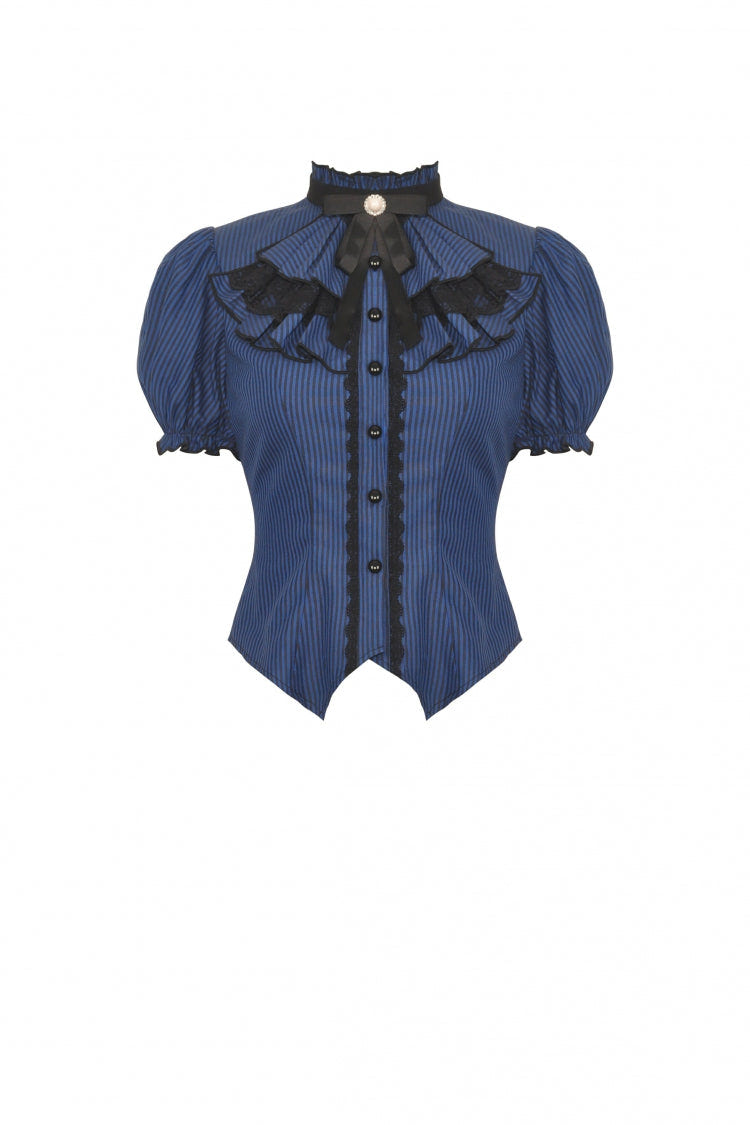 Blue/Black Striped Bow Ruffled Stand Collar Lace Jabot Short Puff Sleeves Front Button‑Up Women's Gothic Blouse - Product - 3