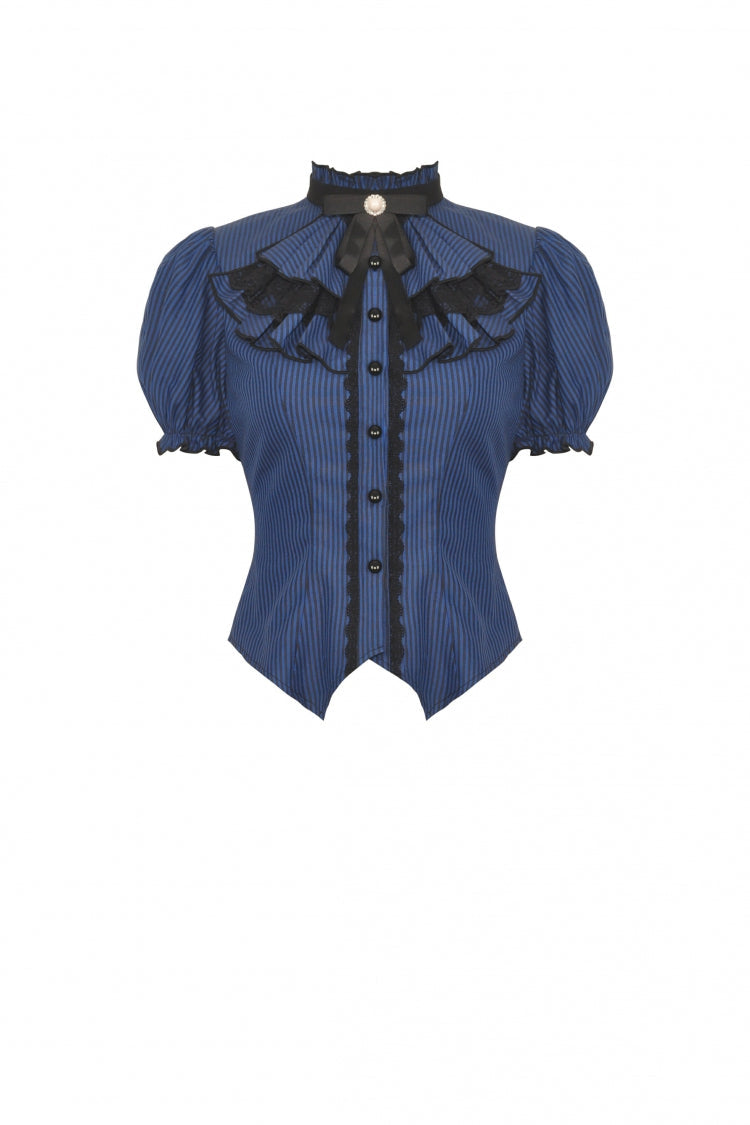 Blue/Black Striped Bow Ruffled Stand Collar Lace Jabot Short Puff Sleeves Front Button‑Up Women's Gothic Blouse - Product - 3