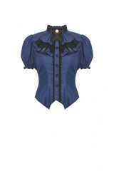 Blue/Black Striped Bow Ruffled Stand Collar Lace Jabot Short Puff Sleeves Front Button‑Up Women's Gothic Blouse - Product - 3