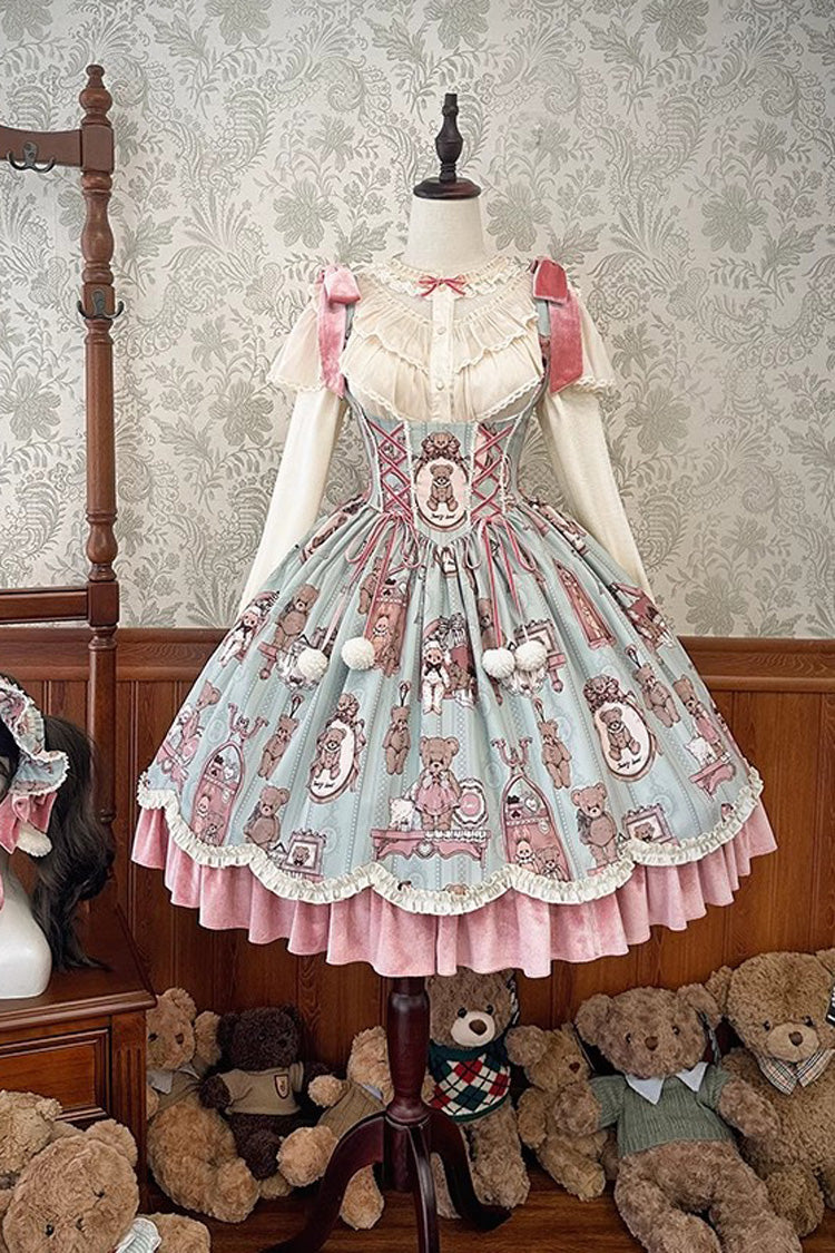 Pink/Green Bear Doll Wall Print Ruffle Embroidery Bowknot Sweet Corset Lolita Jsk Dress - Product - 3