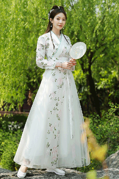 White Elegant Green Leaf Embroidery Sweet Hanfu Dress - Product - 3