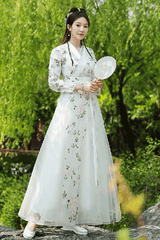 White Elegant Green Leaf Embroidery Sweet Hanfu Dress - Product - 3