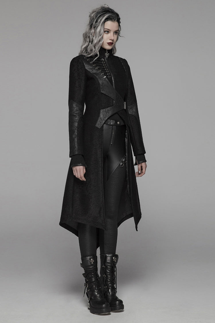 Black Stand Collar Long Sleeves Asymmetric Design Stitching Irregular Womens Steampunk Coat - Product - 2