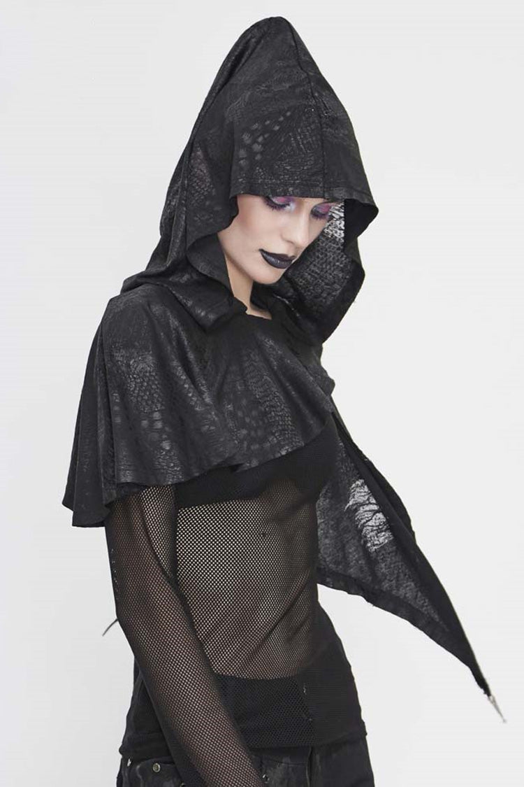 Black Metal Pendant Retro Thin Knitted Hooded Women's Gothic Small Shawl - Black - 1