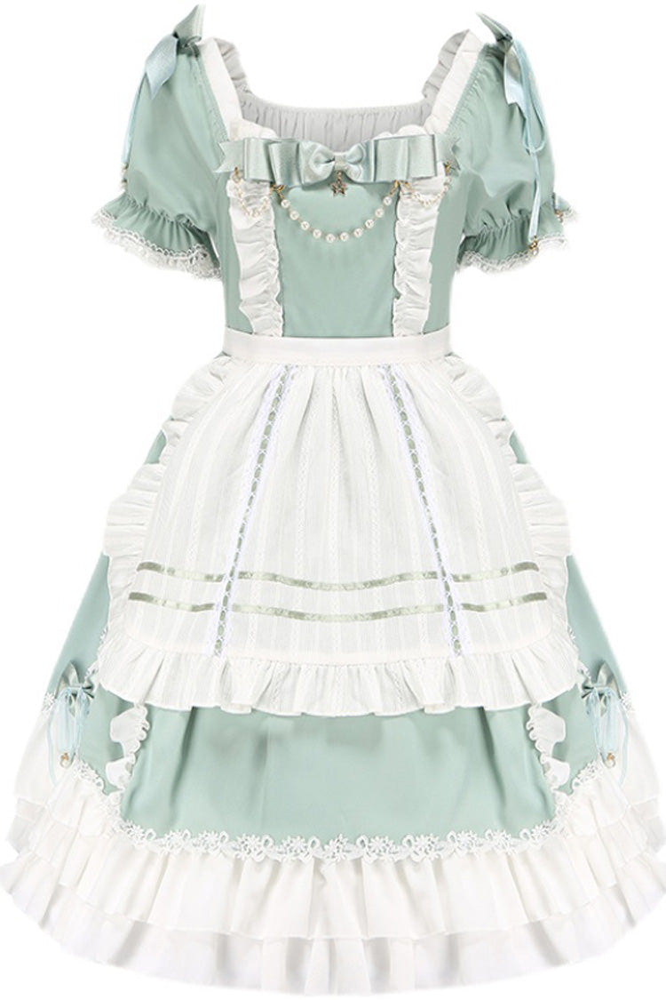 White/Green Spring Wood Branches Short Sleeves Ruffle Hanayome Bowknot Sweet Lolita Dress - Product - 3