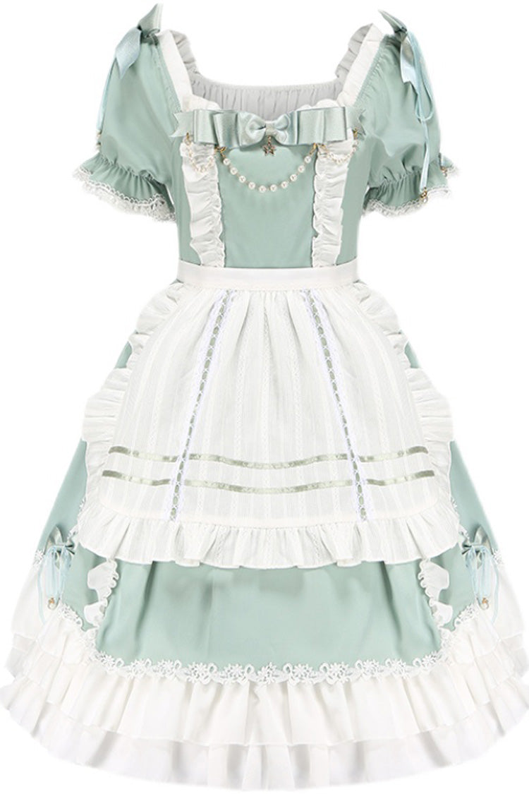 White/Green Spring Wood Branches Short Sleeves Ruffle Hanayome Bowknot Sweet Lolita Dress - Product - 3