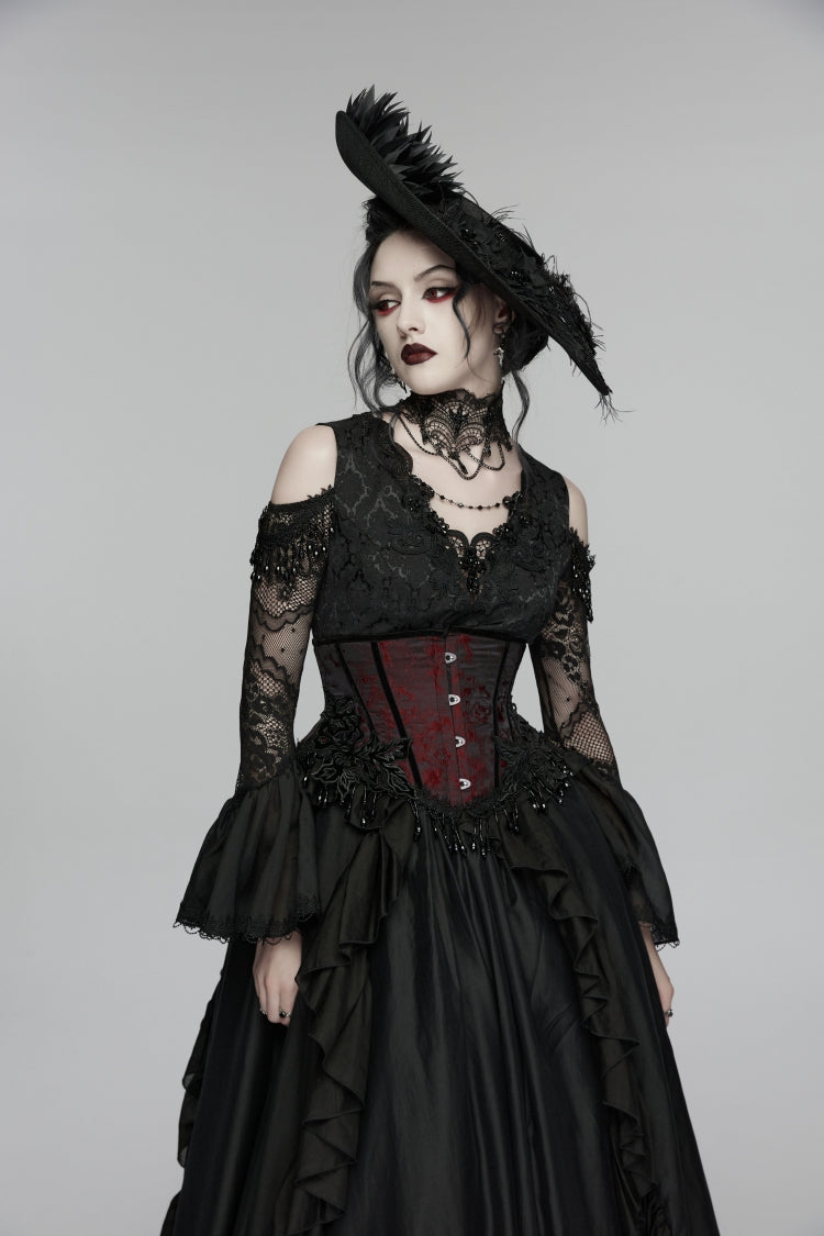 Black/Red Jacquard Lace-Up Slim Women's Gothic Tassels Corset - Product - 4