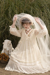 Ivory [Sunflower Diary] Long Sleeves Ruffle Embroidery Bowknot Lace Chiffon Sweet Princess Lolita Dress - Product - 6