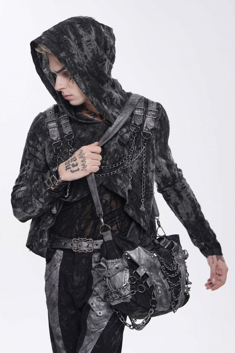 ブラック長袖スプライシングフード付きメッシュダメージ加工重ね着風ジッパーアイレットメンズパンクTシャツ 商品画像