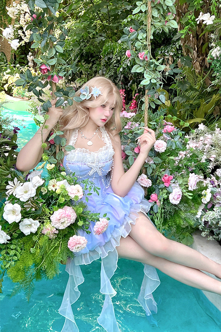 Blue [Starlight Jellyfish Princess] Halterneck Sleeveless Ruffle Lace Sweet Lolita Jsk Dress - Product - 7