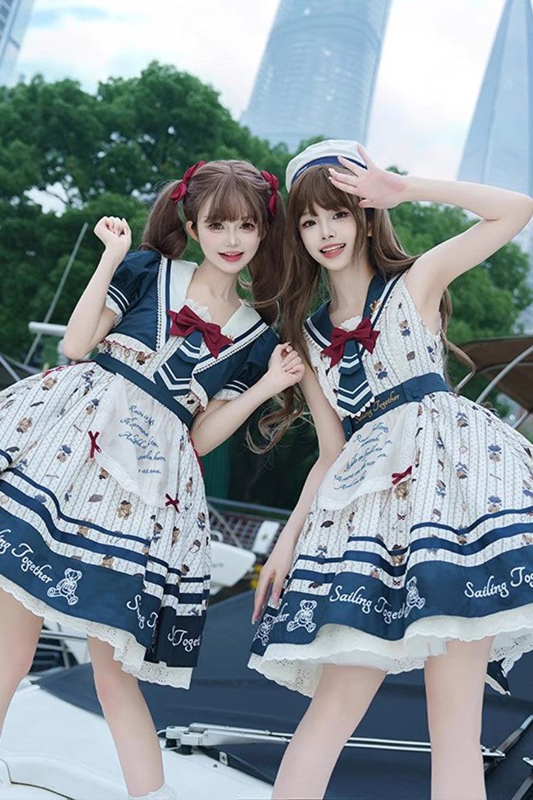 Blue/White Bear Print Navy Ruffle Bowknot Sweet Princess Lolita Jsk Dress - Product - 5
