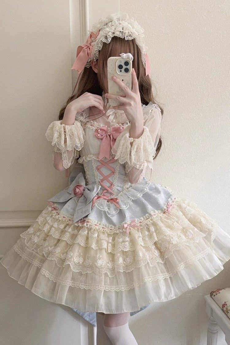 Blue [Rose Canticle] Sleeveless Multi-Layered Bowknot Lace Lace-Up Pearl Ballet Sweet Lolita Jsk Dress - Product - 2