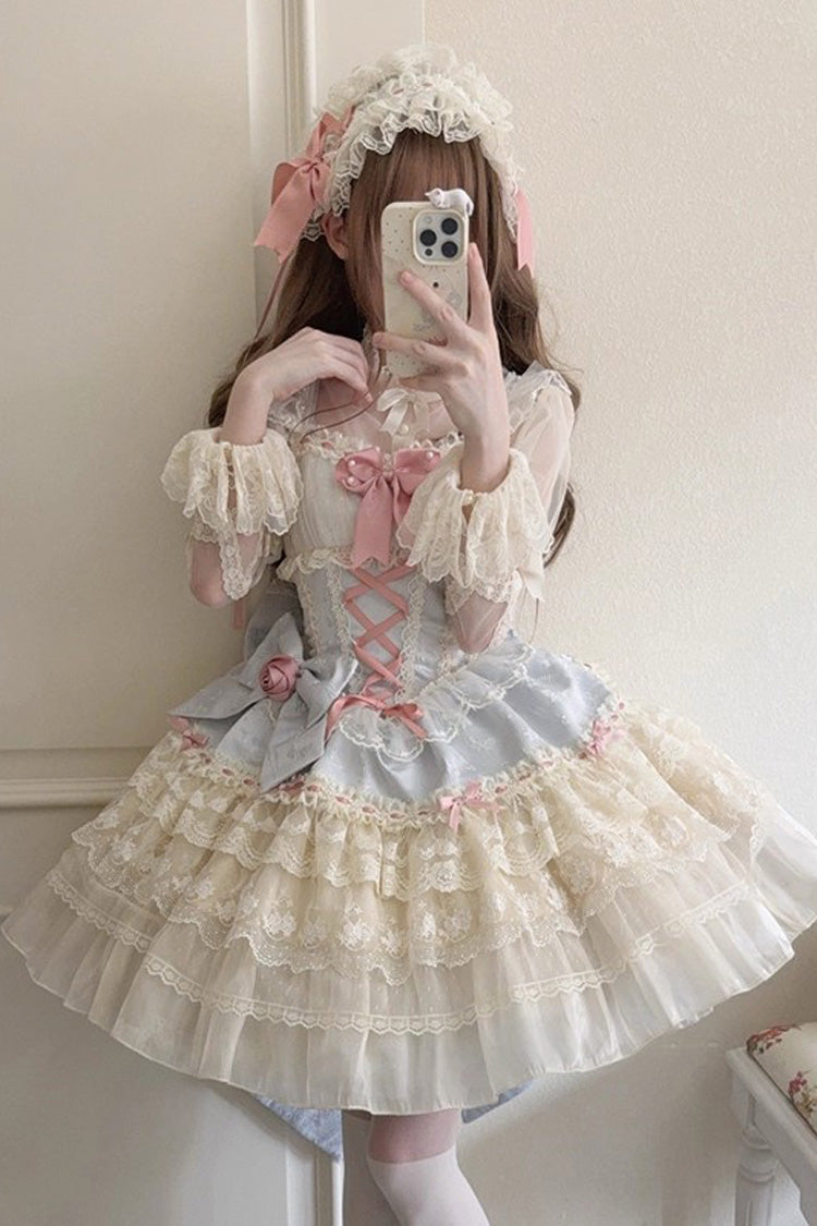 Blue [Rose Canticle] Sleeveless Multi-Layered Bowknot Lace Lace-Up Pearl Ballet Sweet Lolita Jsk Dress - Product - 2