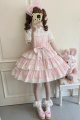 Pink [Maiden Heart] Triple-Layered Ruffle Bowknot Lace Sweet Lolita Jsk Dress - Product - 2