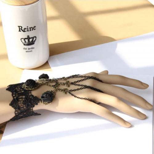 Black Retro Fashion Rose Flower Lace Tassel Female Gothic Lolita Ring Bracelet - Product - 4
