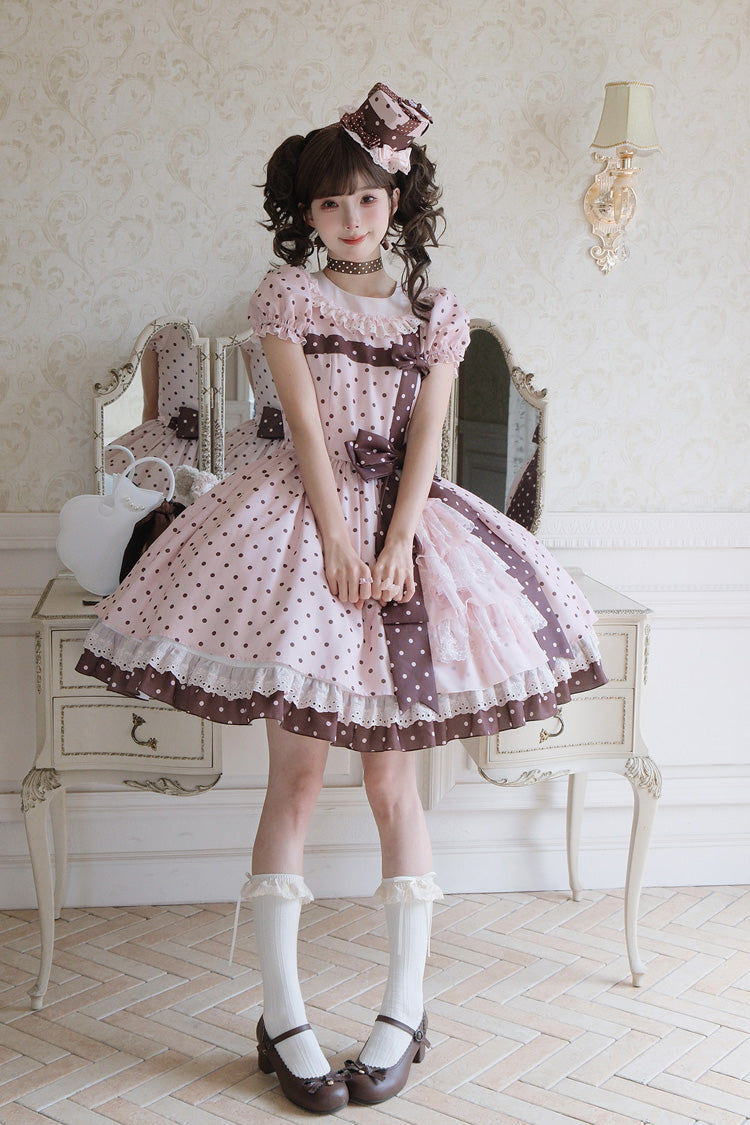 Pink [Canelé Gift Box] Round Collar Short Sleeves Double-Layered Printed Polka Dot Ruffled Open-Front Bow Asymmetric Sweet Lolita Dress - Product - 24