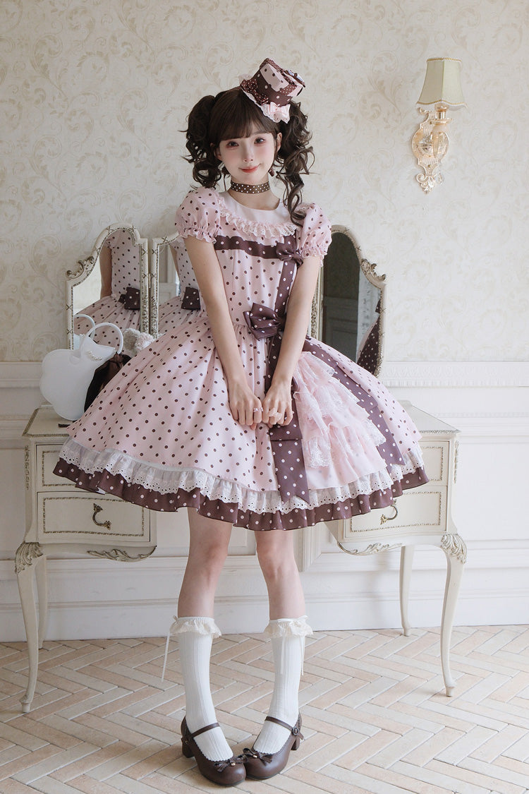 Pink [Canelé Gift Box] Round Collar Short Sleeves Double-Layered Printed Polka Dot Ruffled Open-Front Bow Asymmetric Sweet Lolita Dress - Product - 24